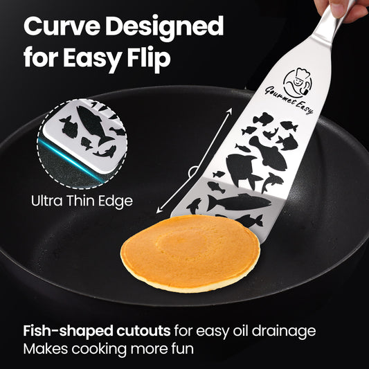 Curve designed for an easy flip — fish-shaped cutouts drain the oil, ultra thin edge