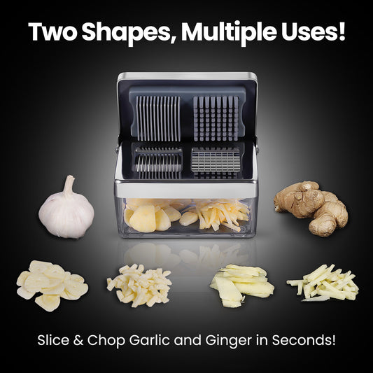 Two blade shapes, multiple uses — slice and chop garlic and ginger in seconds