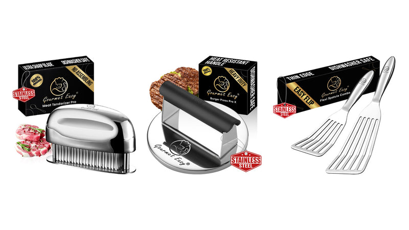 The Gourmet Easy Meat Tenderizer Pro, Burger Press Pro X and Flexi Spatula Combo side by side with their gift boxes