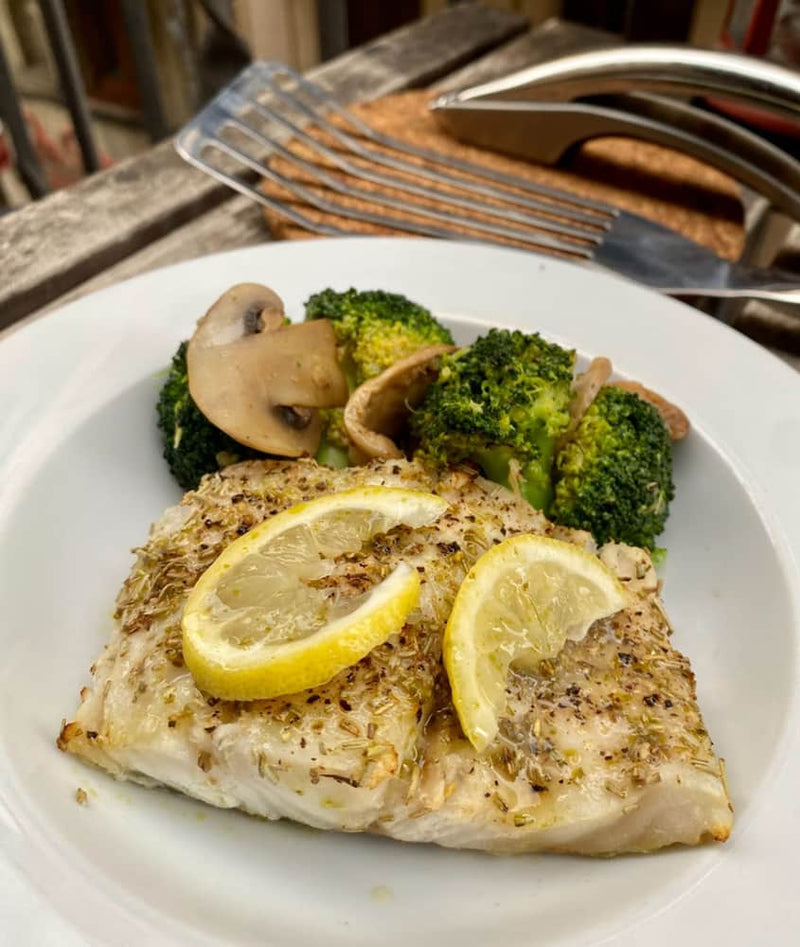 Baked Garlic Lemon Fish with Broccoli and Mushroom — from the Gourmet Easy recipe book