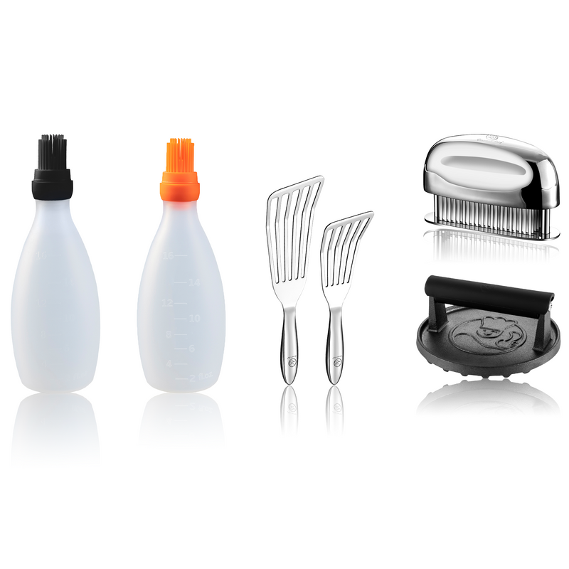 Baste Easy (Black) + Baste Easy (Orange) + Burger Press Cast Iron - Round + Fish Turner + Meat Tenderizer Needle