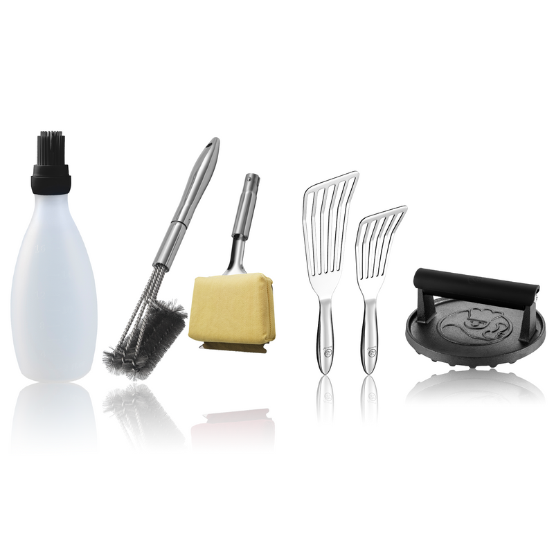 Baste Easy (Black) + BBQ Cleaning Brush Combo (Yellow) + Burger Press Cast Iron - Round + Fish Turner