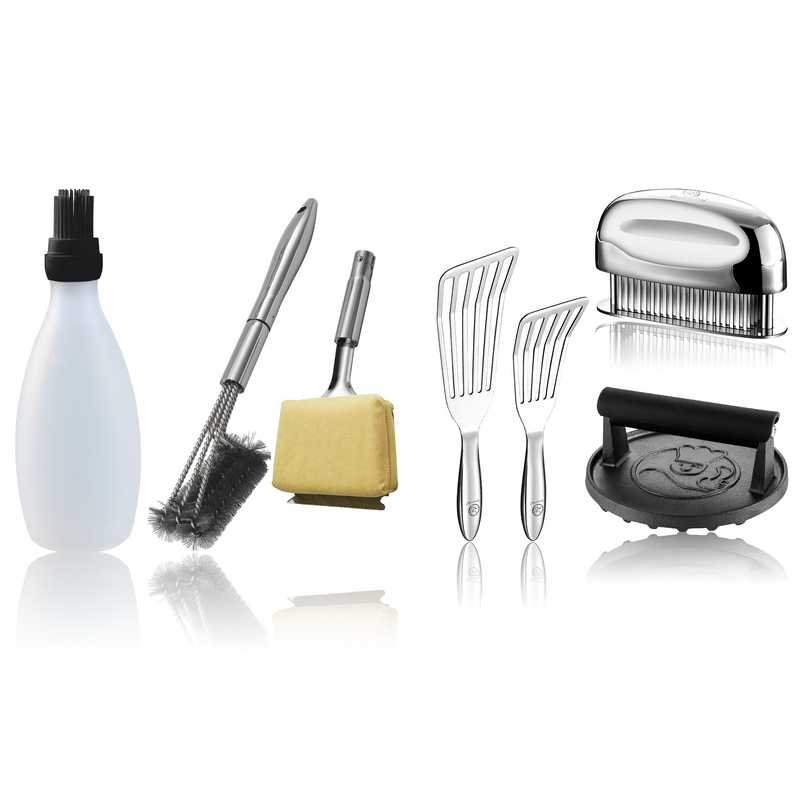 Baste Easy (Black) + BBQ Cleaning Brush Combo (Yellow) + Burger Press Cast Iron - Round + Fish Turner + Meat Tenderizer Needle