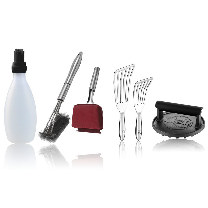 Baste Easy (Black) + BBQ Cleaning Brush Combo (Red) + Burger Press Cast Iron - Round + Fish Turner