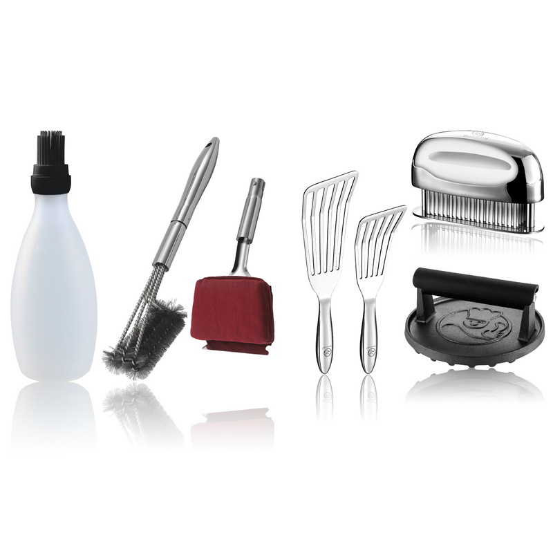 Baste Easy (Black) + BBQ Cleaning Brush Combo (Red) + Burger Press Cast Iron - Round + Fish Turner + Meat Tenderizer Needle