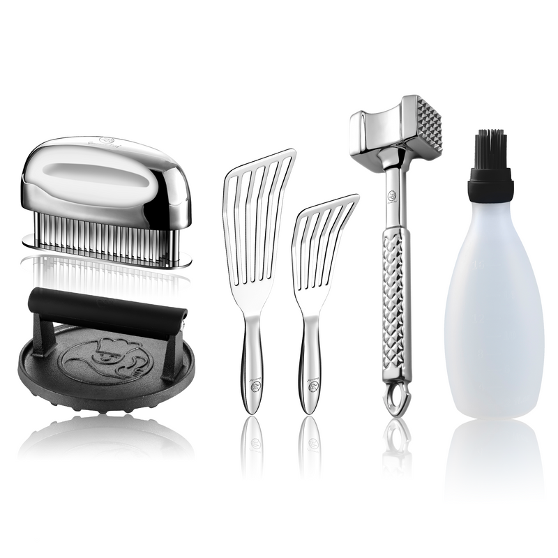 Baste Easy (Black) + Burger Press Cast Iron - Round + Fish Turner + Burger Press Cast Iron - Rectangle + Meat Hammer - Original + Meat Tenderizer Needle