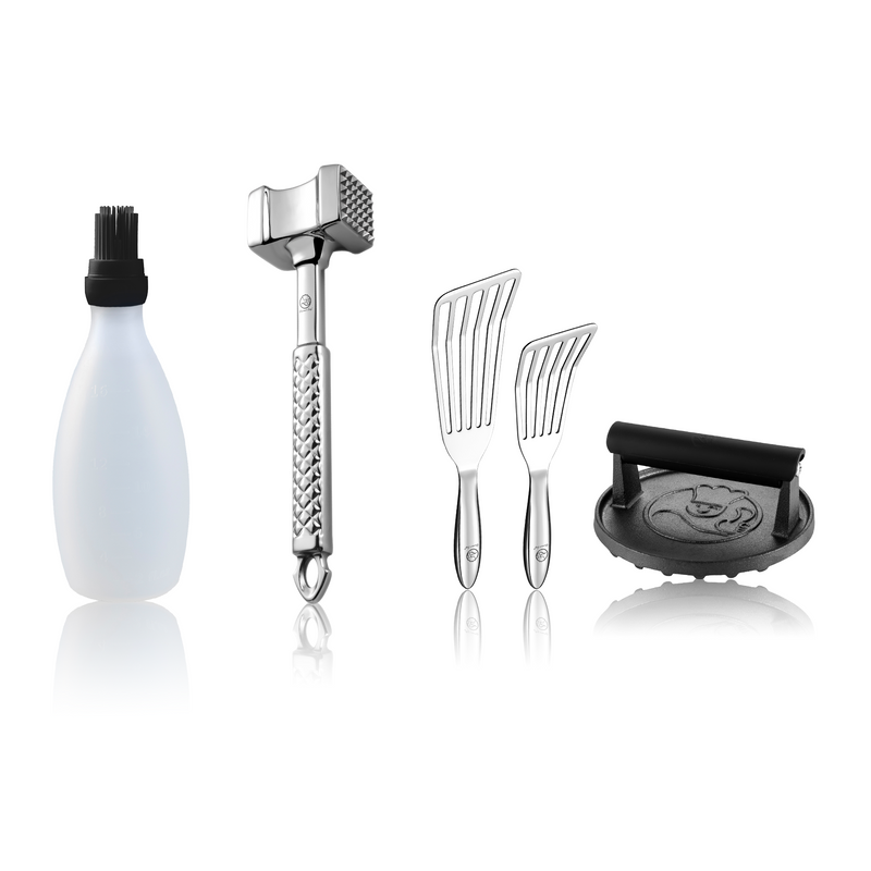 Baste Easy (Black) + Burger Press Cast Iron - Round + Fish Turner + Meat Hammer - Original
