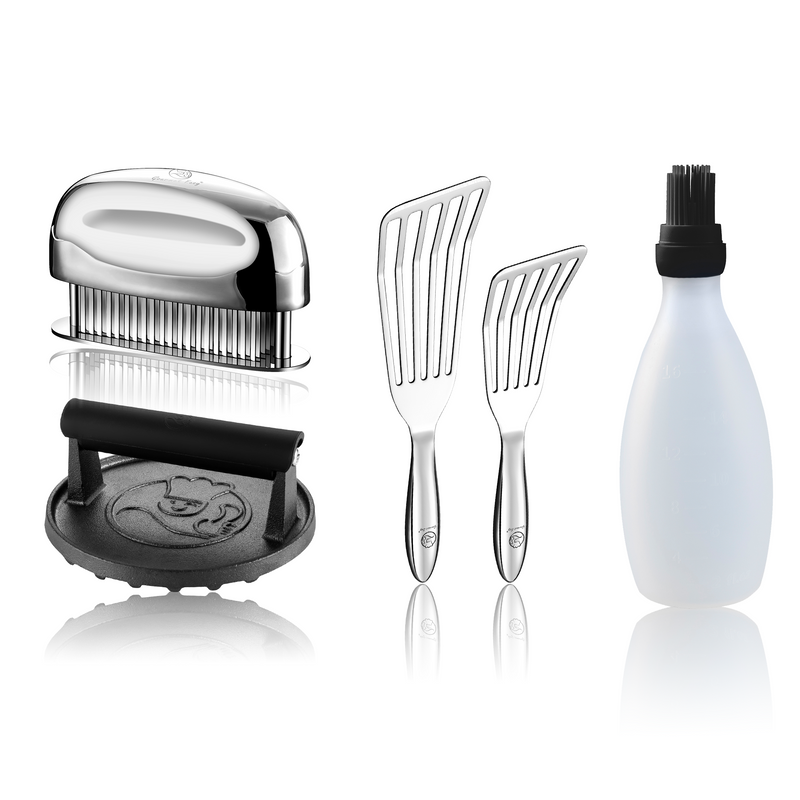 Baste Easy (Black) + Burger Press Cast Iron - Round + Fish Turner + Meat Tenderizer Needle