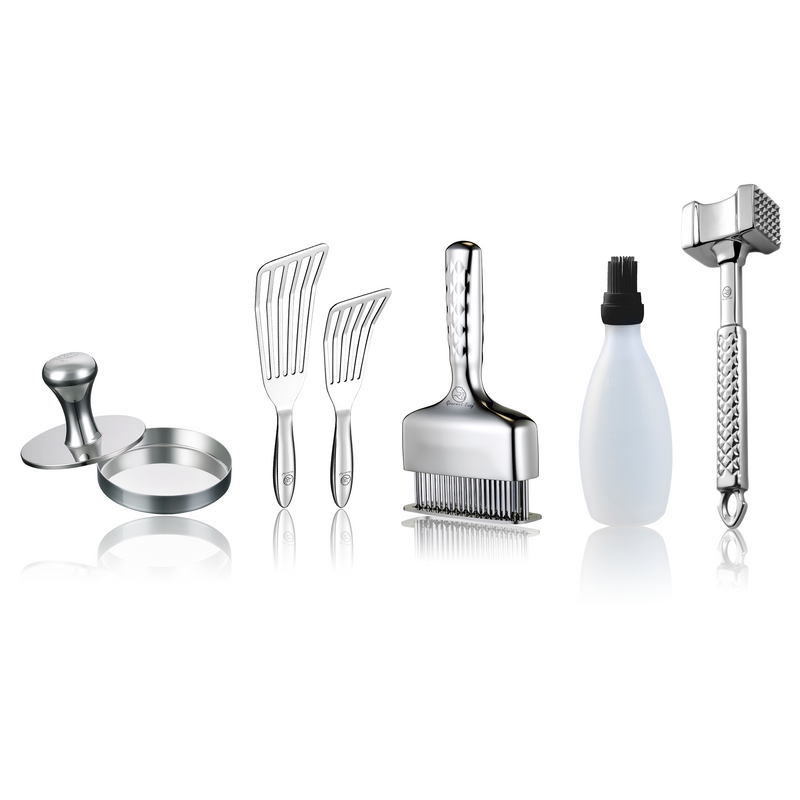 Baste Easy (Black) + Fish Turner + Meat Hammer - Original + Meat Needle Luxe + Burger Press Meat Patty Maker - Round