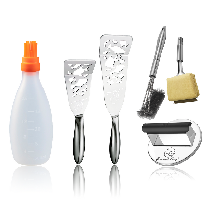 Baste Easy (Orange) + BBQ Cleaning Brush Combo (Yellow) + Burger Press Stainless Steel - Round + Fish Turner - Fish Edition