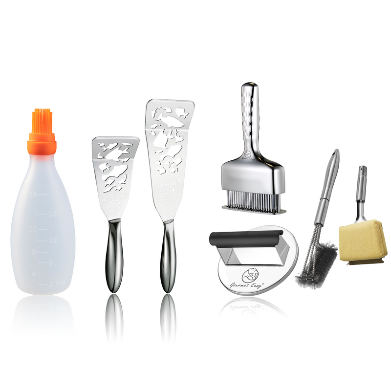 Baste Easy (Orange) + BBQ Cleaning Brush Combo (Yellow) + Burger Press Stainless Steel - Round + Fish Turner - Fish Edition + Meat Needle Luxe