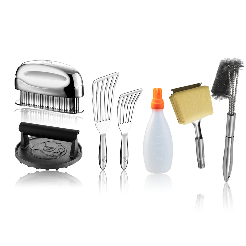Baste Easy (Orange) + BBQ Cleaning Brush Combo (Yellow) + Burger Press Cast Iron - Round + Fish Turner + Meat Tenderizer Needle