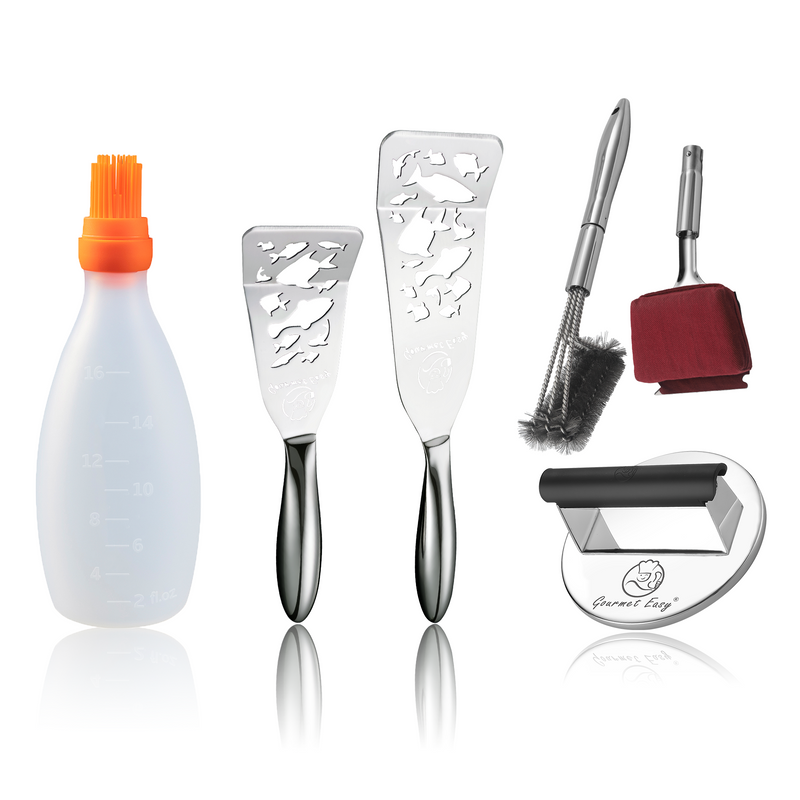 Baste Easy (Orange) + BBQ Cleaning Brush Combo (Red) + Burger Press Stainless Steel - Round + Fish Turner - Fish Edition
