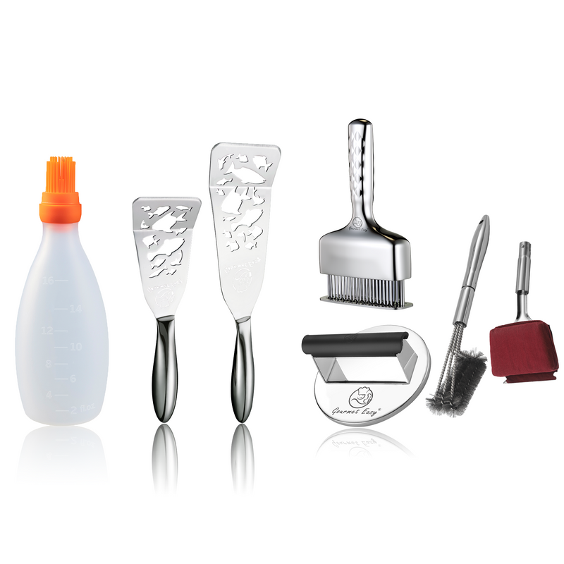 Baste Easy (Orange) + BBQ Cleaning Brush Combo (Red) + Burger Press Stainless Steel - Round + Fish Turner - Fish Edition + Meat Needle Luxe