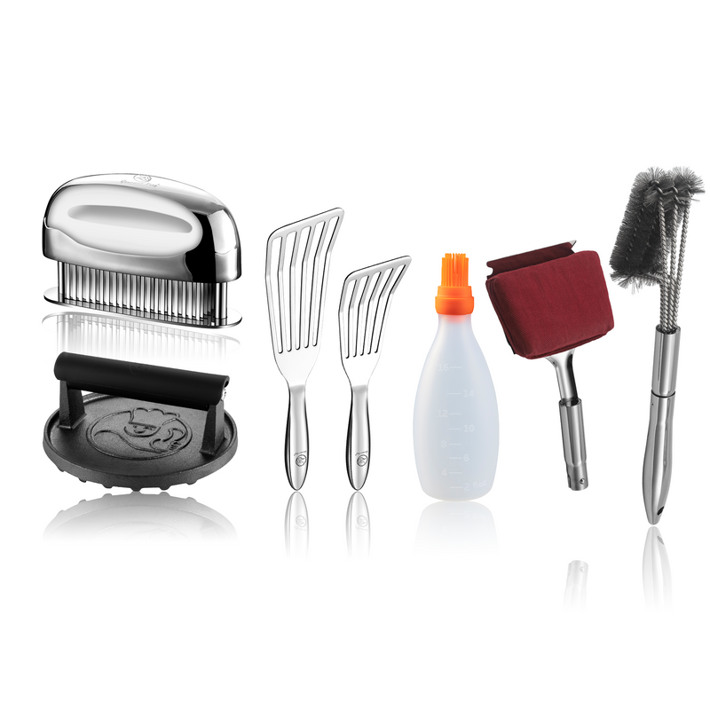 Baste Easy (Orange) + BBQ Cleaning Brush Combo (Red) + Burger Press Cast Iron - Round + Fish Turner + Meat Tenderizer Needle