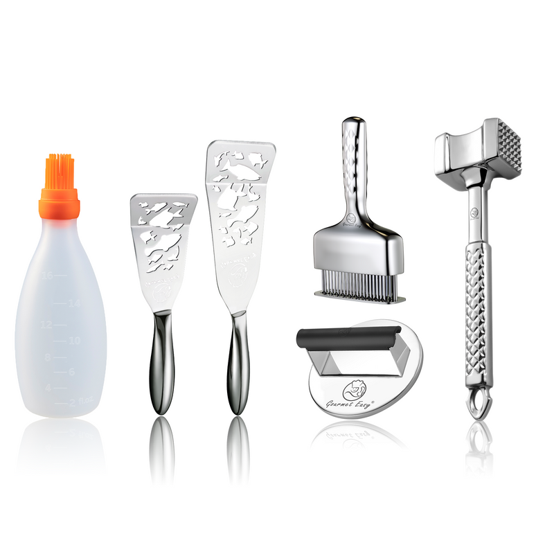 Baste Easy (Orange) + Burger Press Stainless Steel - Round + Fish Turner - Fish Edition + Meat Hammer - Original + Meat Needle Luxe