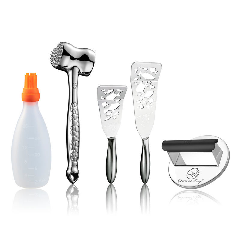 Baste Easy (Orange) + Burger Press Stainless Steel - Round + Fish Turner - Fish Edition + Meat Hammer - Love Edition