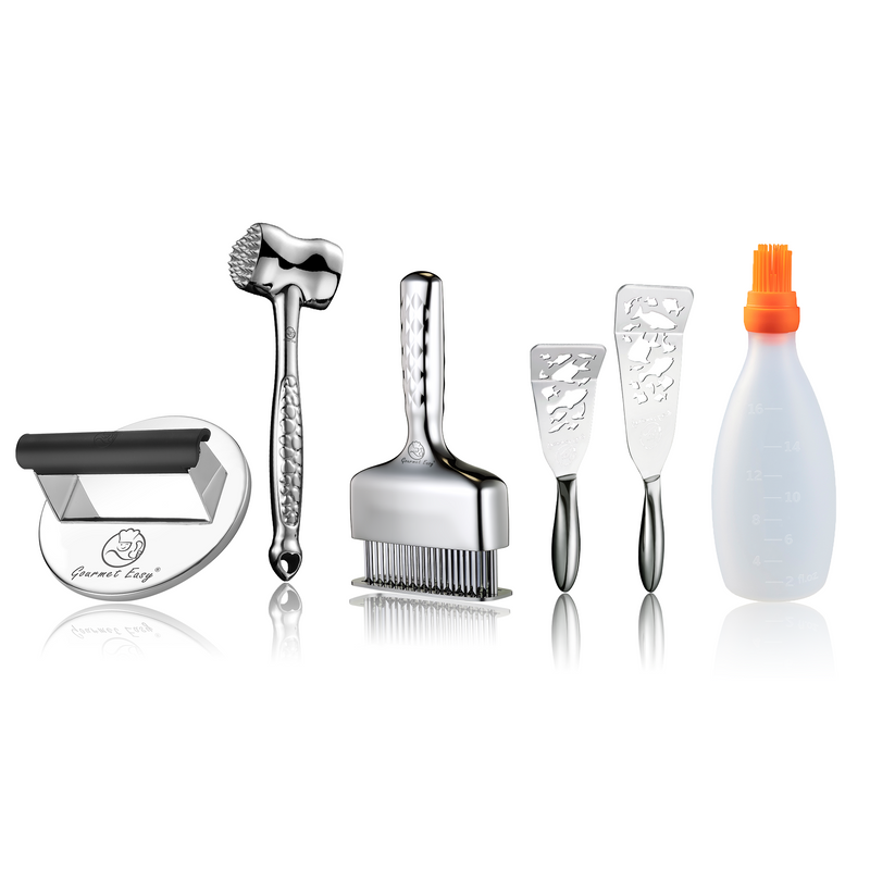 Baste Easy (Orange) + Burger Press Stainless Steel - Round + Fish Turner - Fish Edition + Meat Hammer - Love Edition + Meat Needle Luxe
