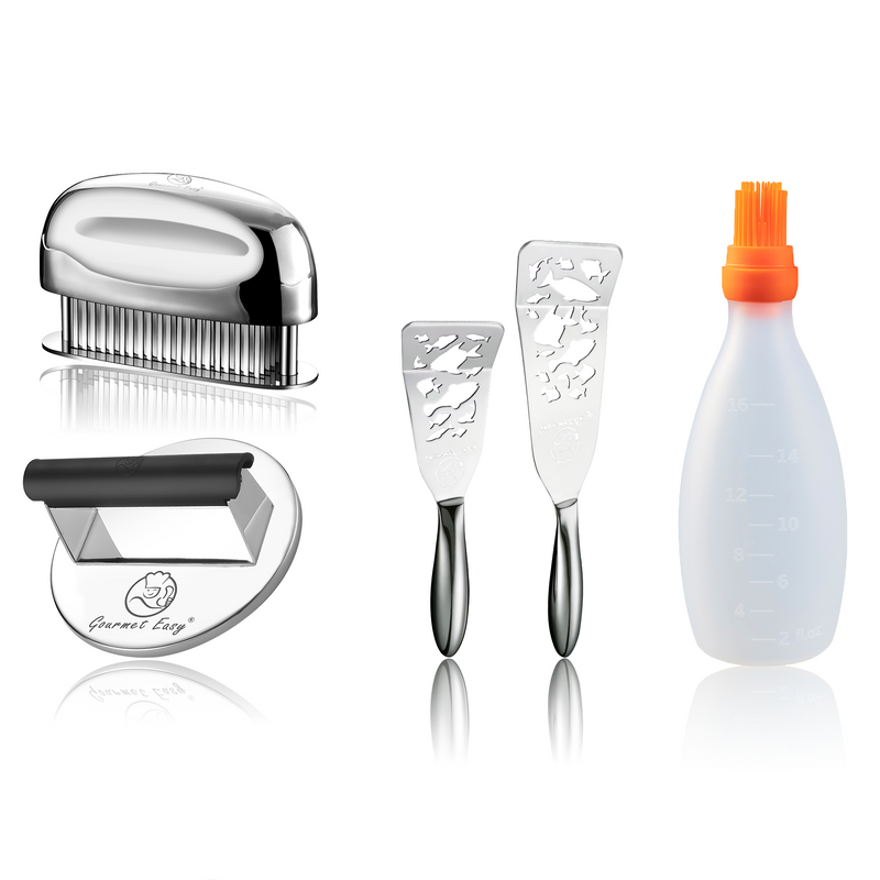 Baste Easy (Orange) + Burger Press Stainless Steel - Round + Fish Turner - Fish Edition + Meat Tenderizer Needle