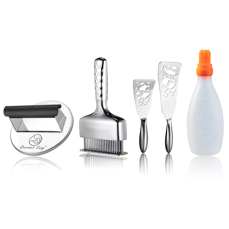 Baste Easy (Orange) + Burger Press Stainless Steel - Round + Fish Turner - Fish Edition + Meat Needle Luxe