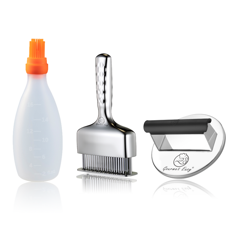 Baste Easy (Orange) + Burger Press Stainless Steel - Round + Meat Needle Luxe