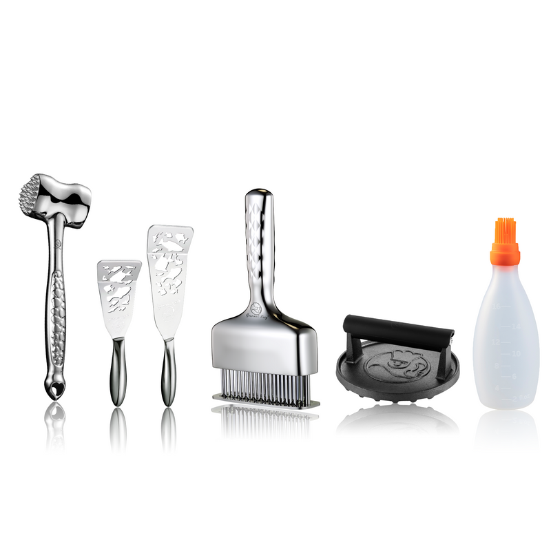 Baste Easy (Orange) + Burger Press Cast Iron - Round + Fish Turner - Fish Edition + Meat Hammer - Love Edition + Meat Needle Luxe