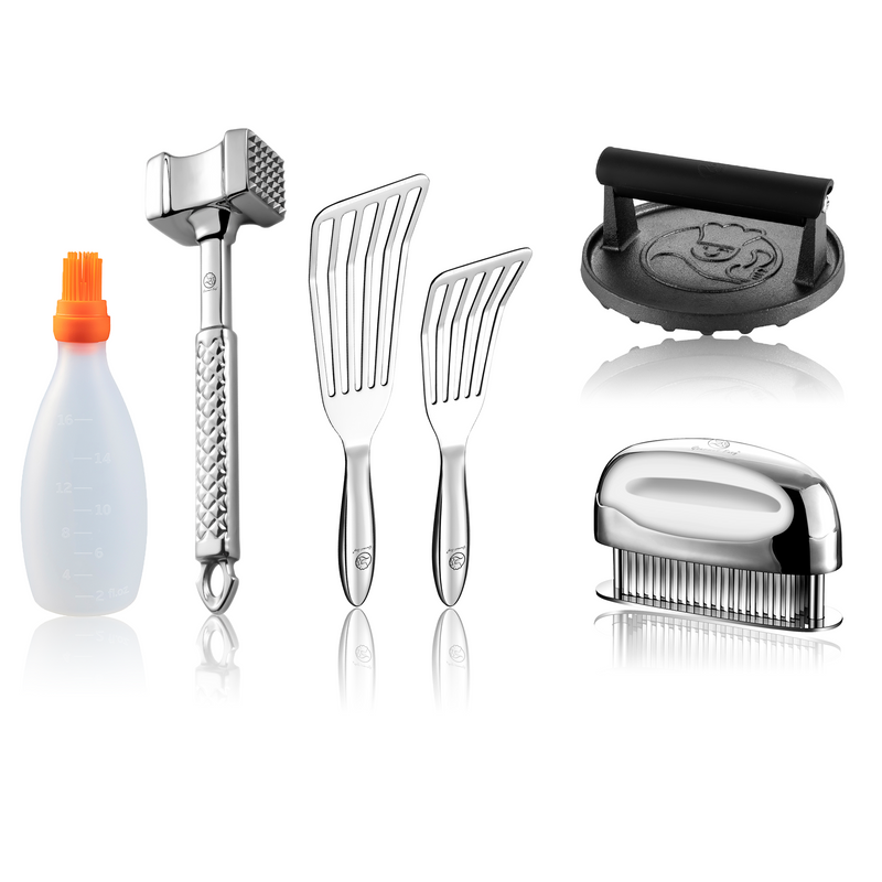Baste Easy (Orange) + Burger Press Cast Iron - Round + Fish Turner + Meat Hammer - Original + Meat Tenderizer Needle
