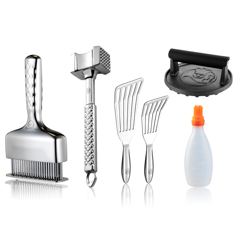 Baste Easy (Orange) + Burger Press Cast Iron - Round + Fish Turner + Meat Hammer - Original + Meat Needle Luxe