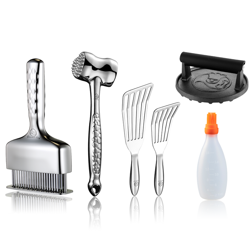 Baste Easy (Orange) + Burger Press Cast Iron - Round + Fish Turner + Meat Hammer - Love Edition + Meat Needle Luxe