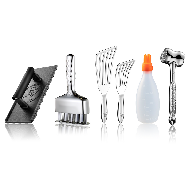 Baste Easy (Orange) + Fish Turner + Burger Press Cast Iron - Rectangle + Meat Hammer - Love Edition + Meat Needle Luxe
