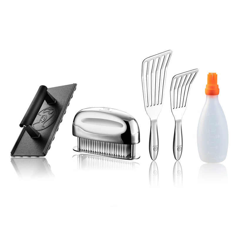 Baste Easy (Orange) + Fish Turner + Burger Press Cast Iron - Rectangle + Meat Tenderizer Needle