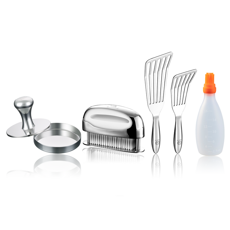 Baste Easy (Orange) + Fish Turner + Meat Tenderizer Needle + Burger Press Meat Patty Maker - Round
