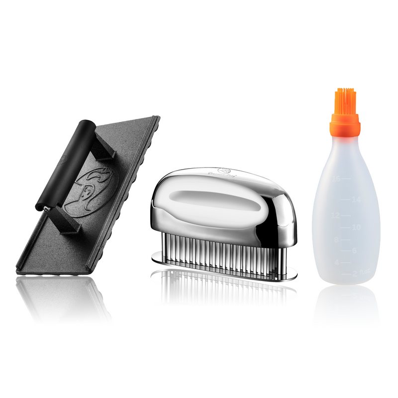 Baste Easy (Orange) + Burger Press Cast Iron - Rectangle + Meat Tenderizer Needle