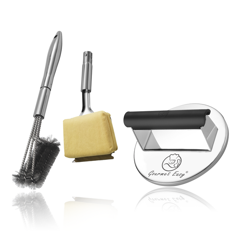 BBQ Cleaning Brush Combo (Yellow) + Burger Press Stainless Steel - Round