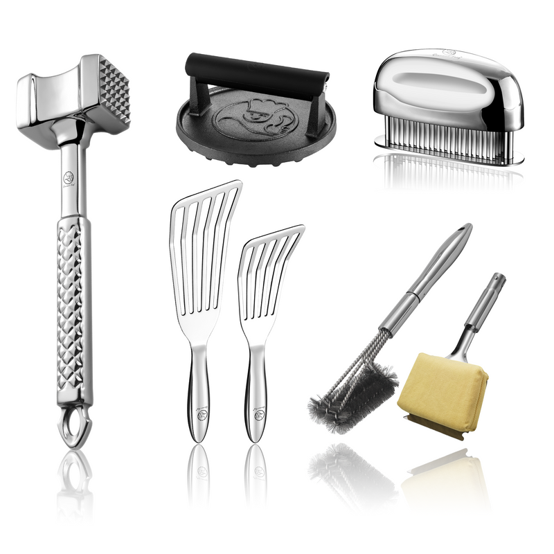 BBQ Cleaning Brush Combo (Yellow) + Burger Press Cast Iron - Round + Fish Turner + Meat Hammer - Original + Meat Tenderizer Needle