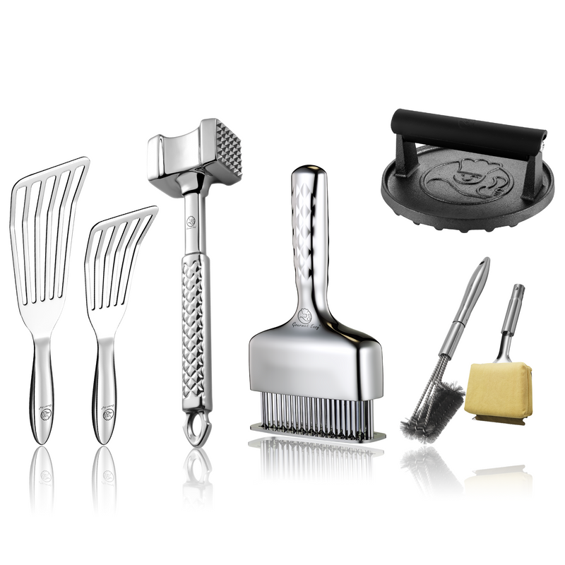 BBQ Cleaning Brush Combo (Yellow) + Burger Press Cast Iron - Round + Fish Turner + Meat Hammer - Original + Meat Needle Luxe