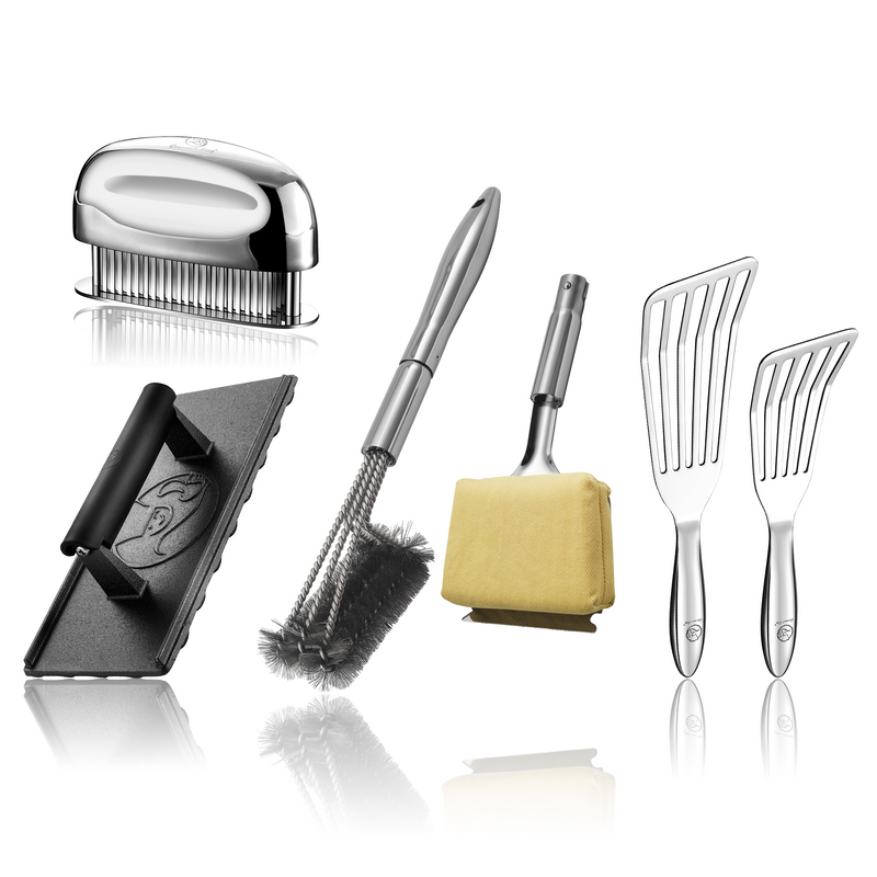 BBQ Cleaning Brush Combo (Yellow) + Fish Turner + Burger Press Cast Iron - Rectangle + Meat Tenderizer Needle
