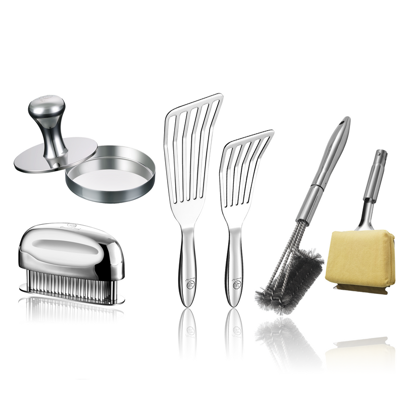 BBQ Cleaning Brush Combo (Yellow) + Fish Turner + Meat Tenderizer Needle + Burger Press Meat Patty Maker - Round