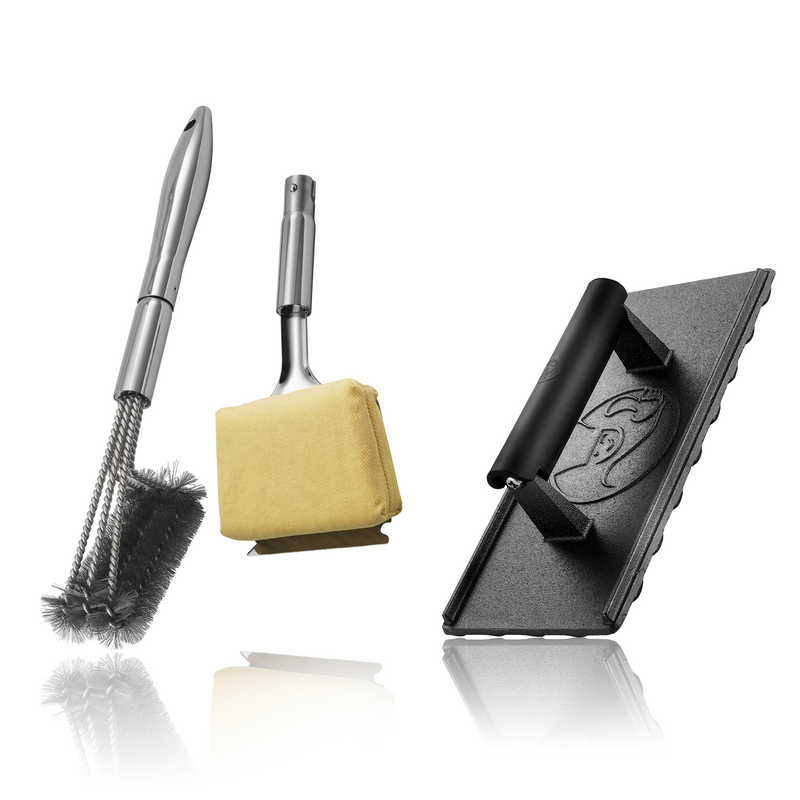 BBQ Cleaning Brush Combo (Yellow) + Burger Press Cast Iron - Rectangle