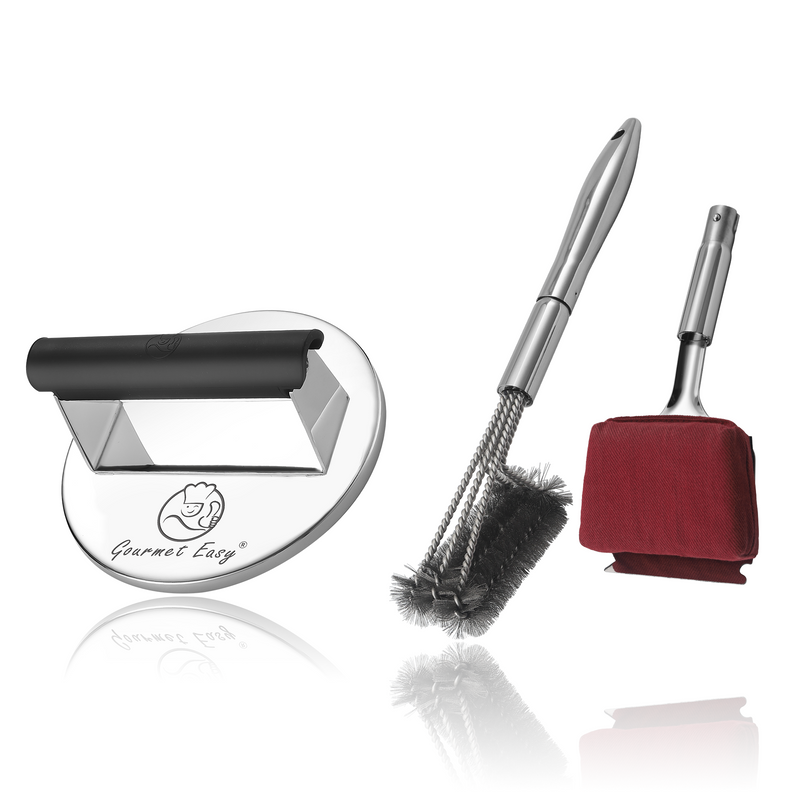 BBQ Cleaning Brush Combo (Red) + Burger Press Stainless Steel - Round