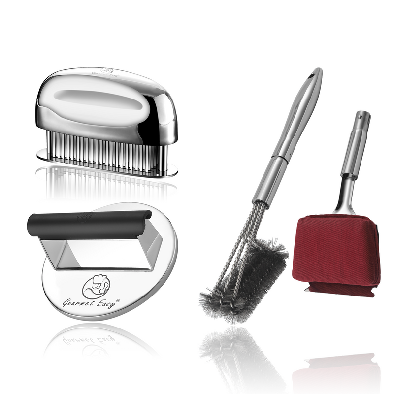 BBQ Cleaning Brush Combo (Red) + Burger Press Stainless Steel - Round + Meat Tenderizer Needle
