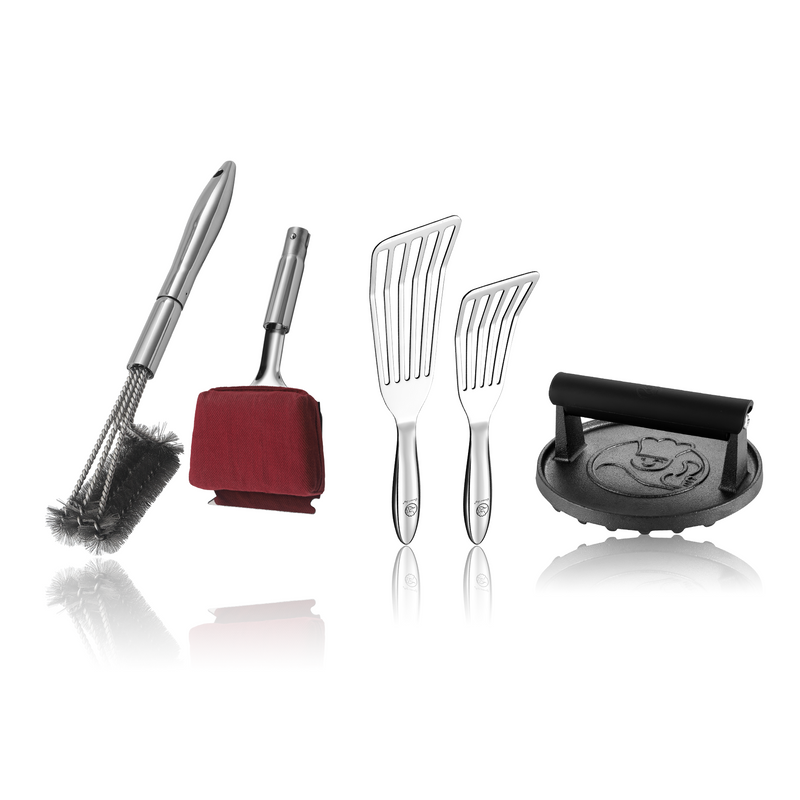 BBQ Cleaning Brush Combo (Red) + Burger Press Cast Iron - Round + Fish Turner