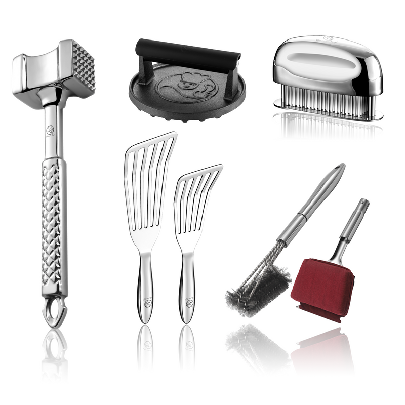 BBQ Cleaning Brush Combo (Red) + Burger Press Cast Iron - Round + Fish Turner + Garlic Easy (Fine Mince) + Meat Tenderizer Needle