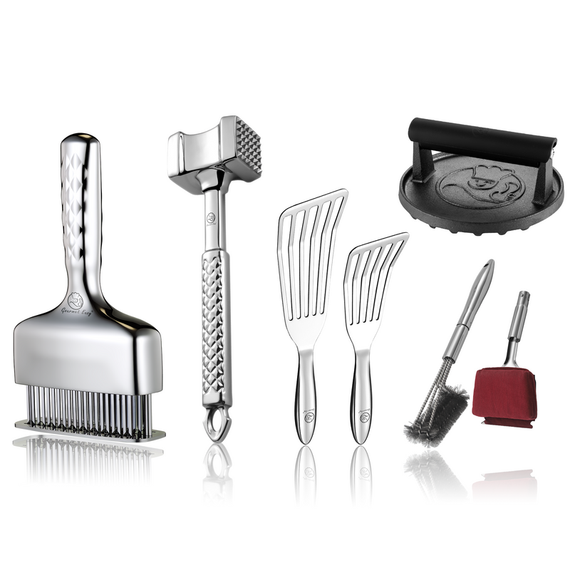 BBQ Cleaning Brush Combo (Red) + Burger Press Cast Iron - Round + Fish Turner + Meat Hammer - Original + Meat Needle Luxe