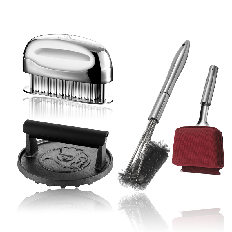 BBQ Cleaning Brush Combo (Red) + Burger Press Cast Iron - Round + Meat Tenderizer Needle