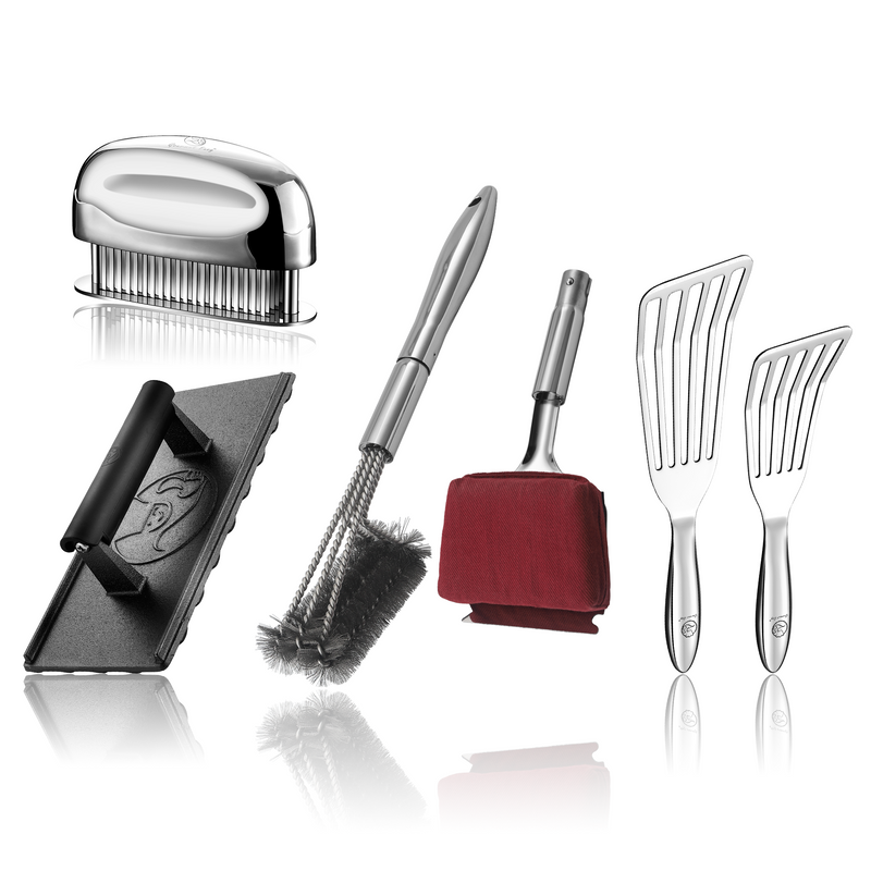 BBQ Cleaning Brush Combo (Red) + Fish Turner + Burger Press Cast Iron - Rectangle + Meat Tenderizer Needle