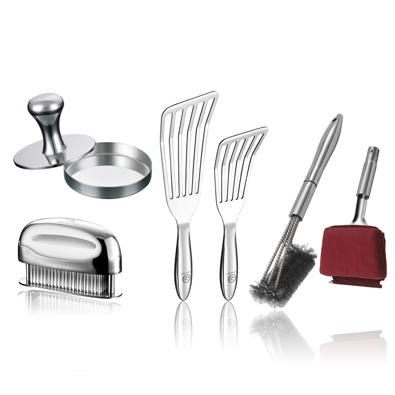 BBQ Cleaning Brush Combo (Red) + Fish Turner + Meat Tenderizer Needle + Burger Press Meat Patty Maker - Round