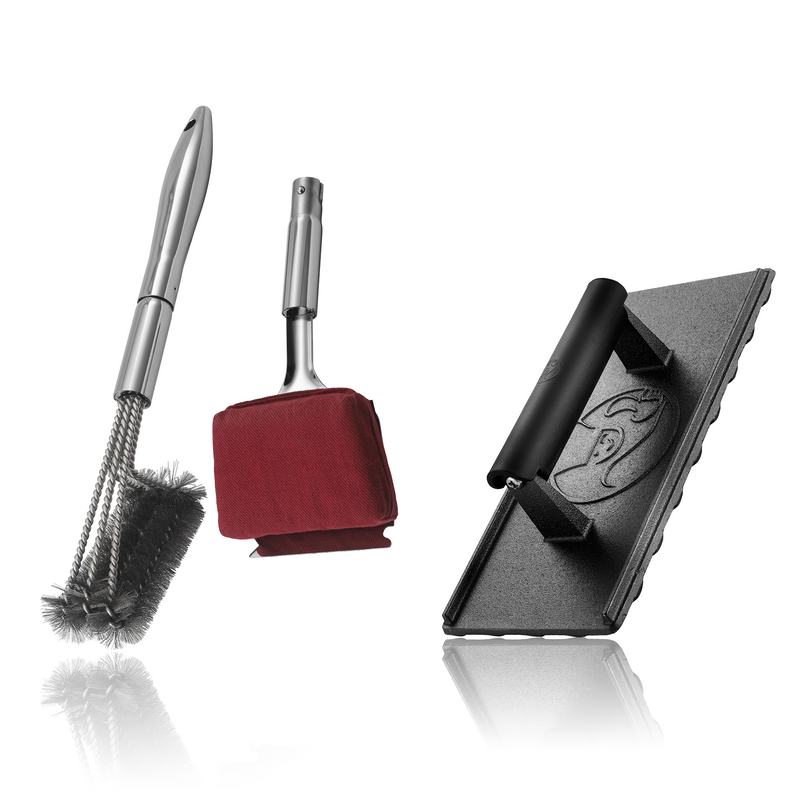 BBQ Cleaning Brush Combo (Red) + Burger Press Cast Iron - Rectangle