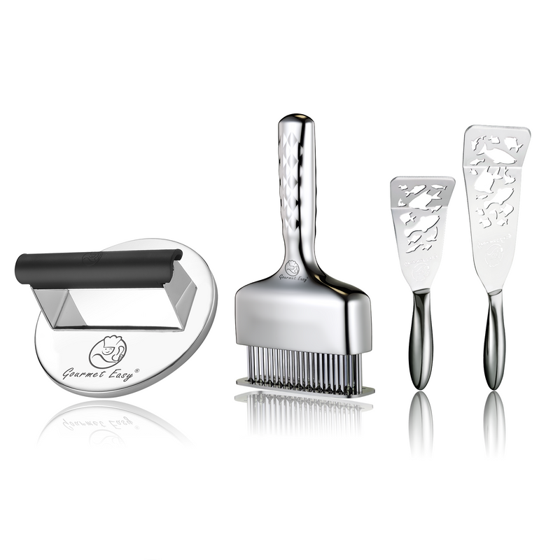 Burger Press Stainless Steel - Round + Fish Turner - Fish Edition + Meat Needle Luxe