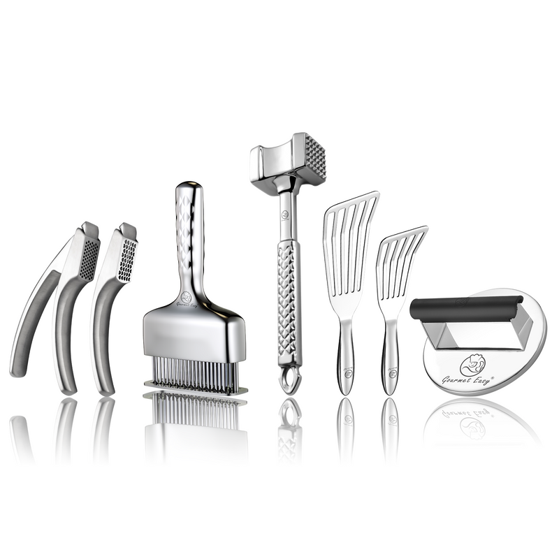 Burger Press Stainless Steel - Round + Fish Turner + Garlic Easy (Combo) + Meat Hammer - Original + Meat Needle Luxe